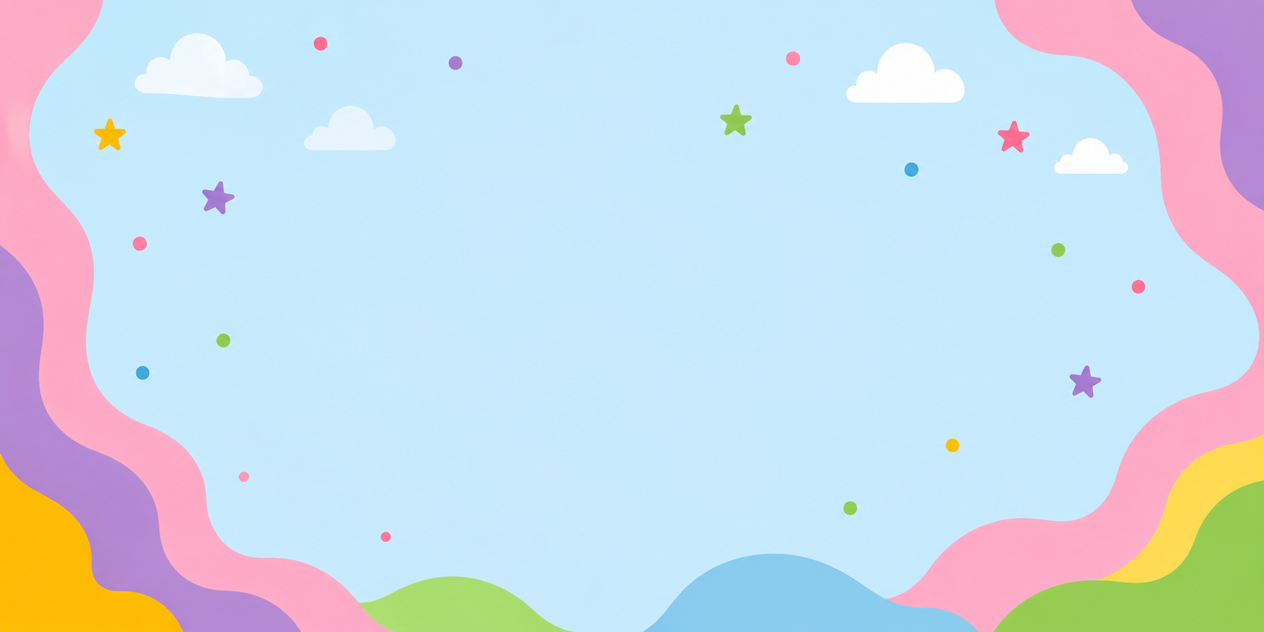 Colourful pastel background with clouds stars and rainbow waves