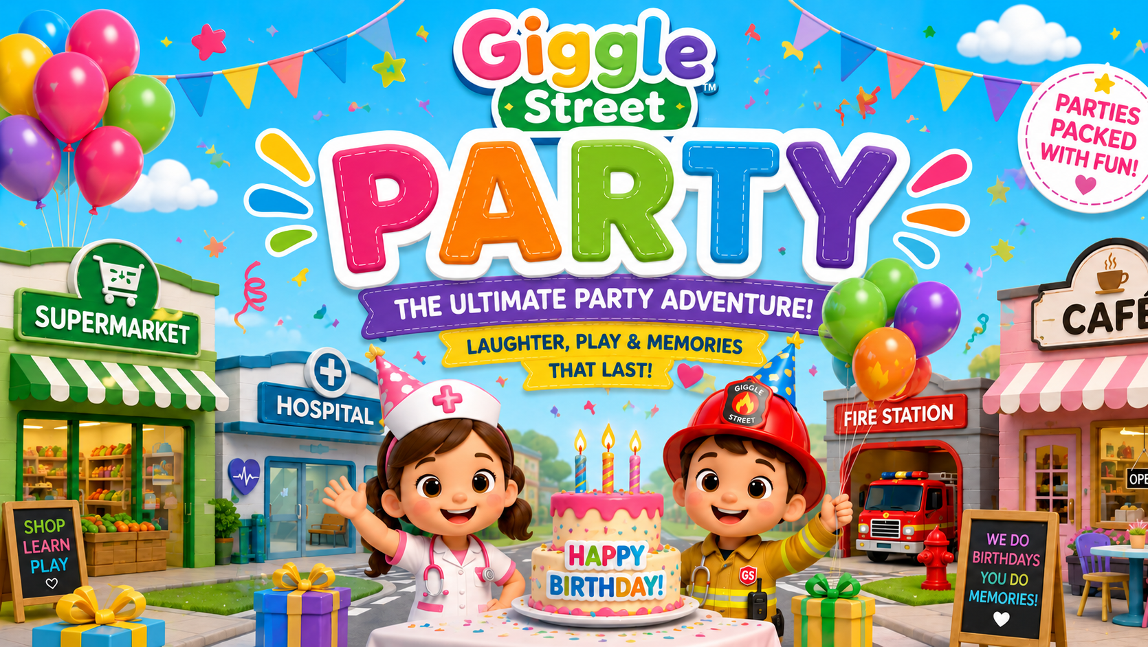 Giggle Street party package showing cartoon characters celebrating a birthday with cake and balloons